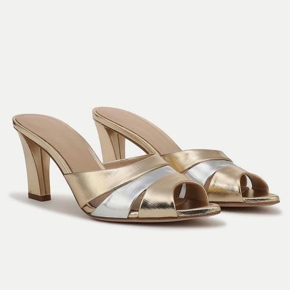 Veronica Beard Cassiel Gold Silver Metallic Leather Block Heel Mules Sandals 6